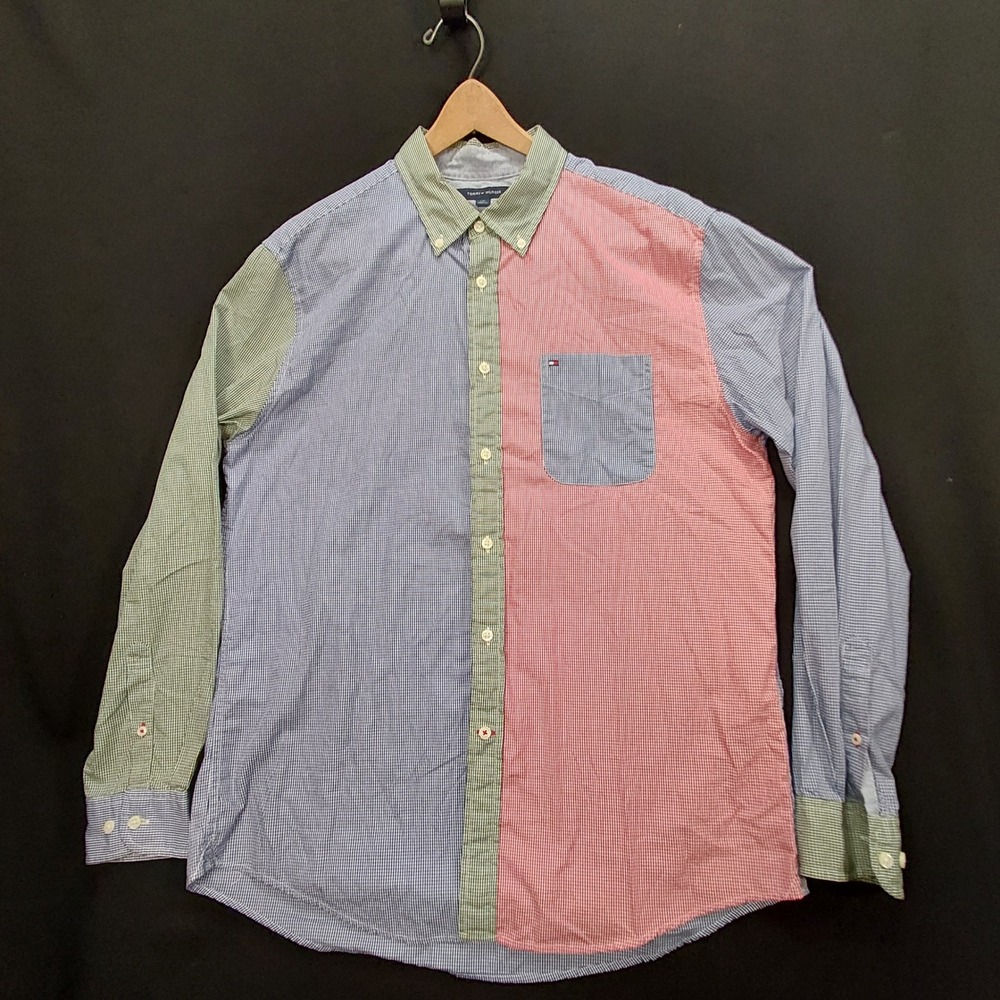 Tommy Hilfiger Fun Shirt Mens L Colorblock Gingham Button Down Preppy Cotton
